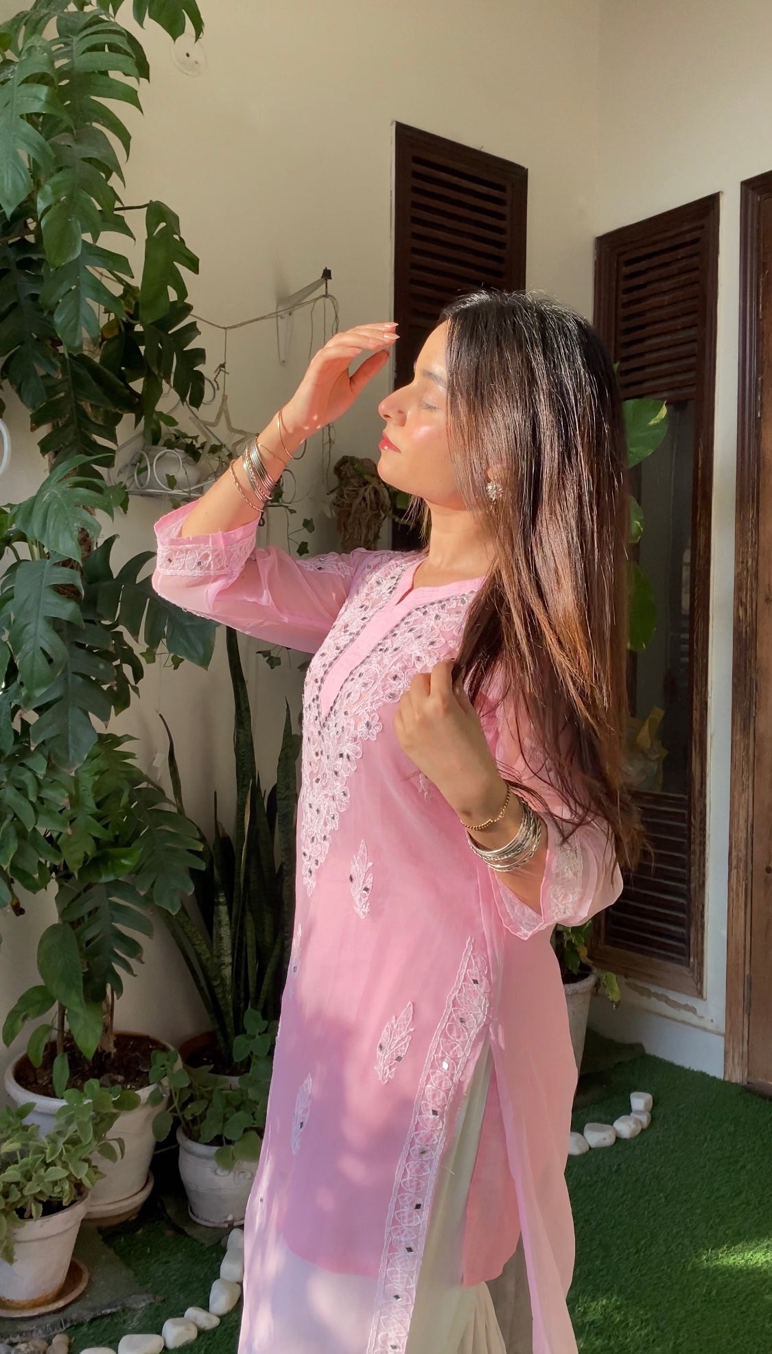 Lucknowi Chikankari Shirt with Gala Booty & Mirror Work (Pink With Inner)