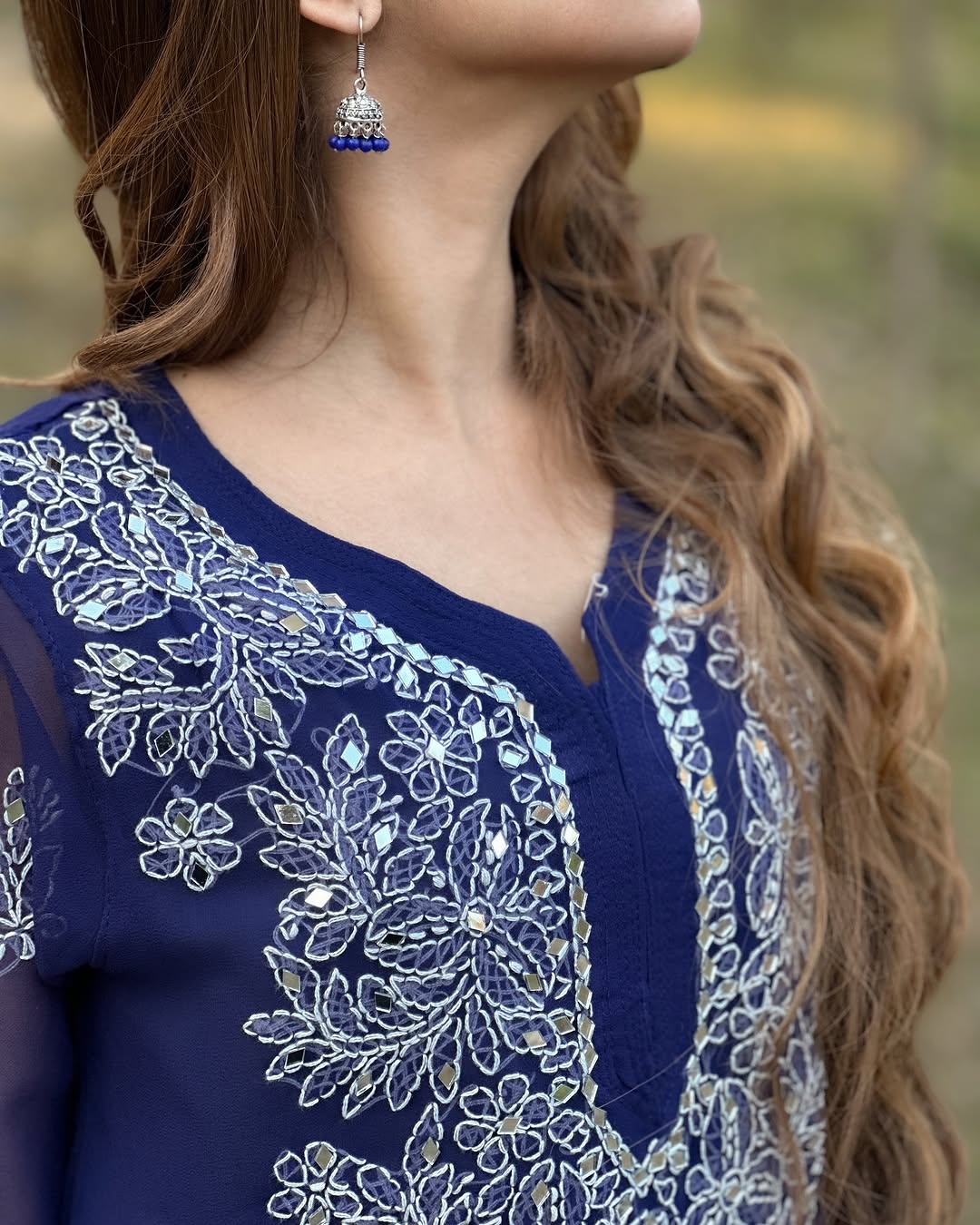 Lucknowi Chikankari Shirt with Gala Booty & Mirror Work (Navy Blue With Inner)