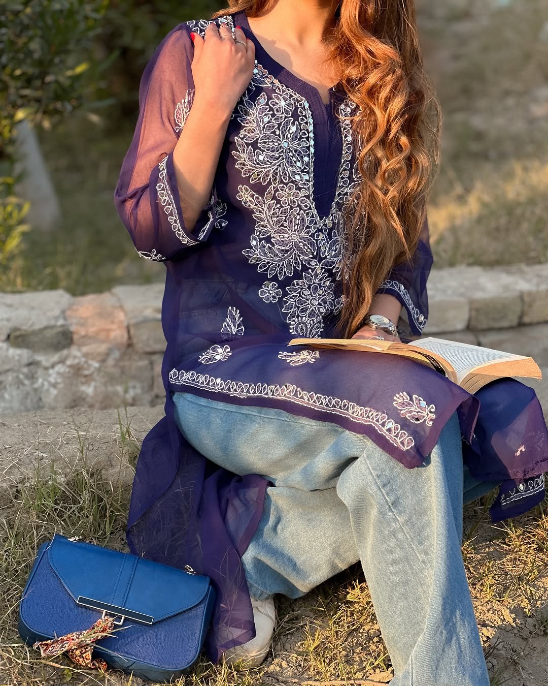 Lucknowi Chikankari Shirt with Gala Booty & Mirror Work (Navy Blue With Inner)