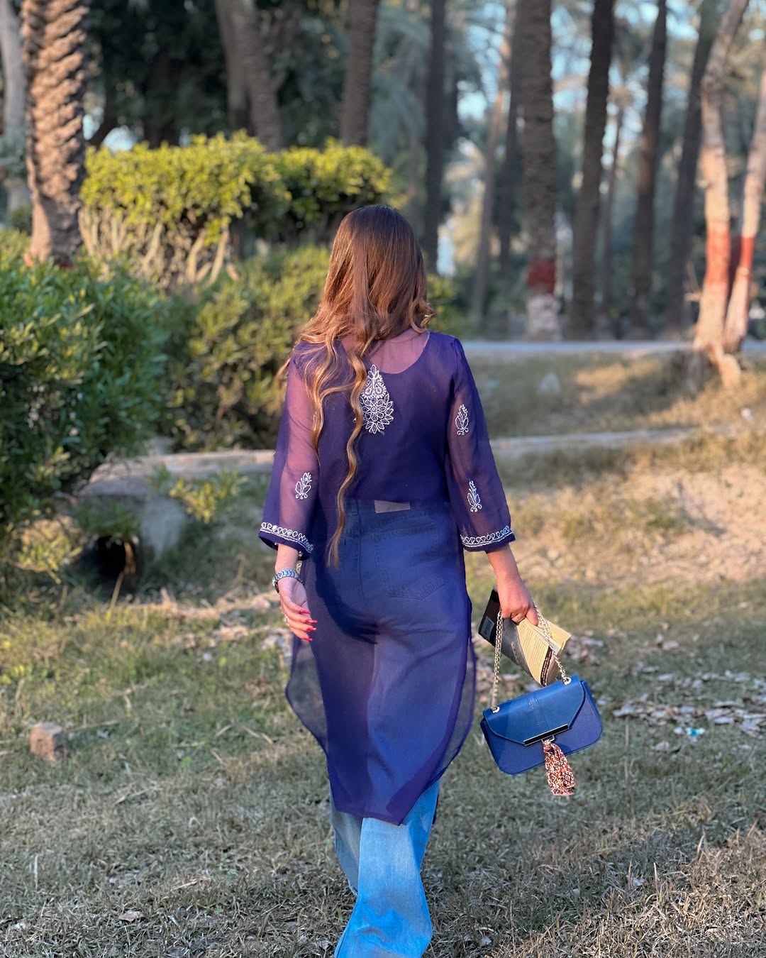 Lucknowi Chikankari Shirt with Gala Booty & Mirror Work (Navy Blue With Inner)