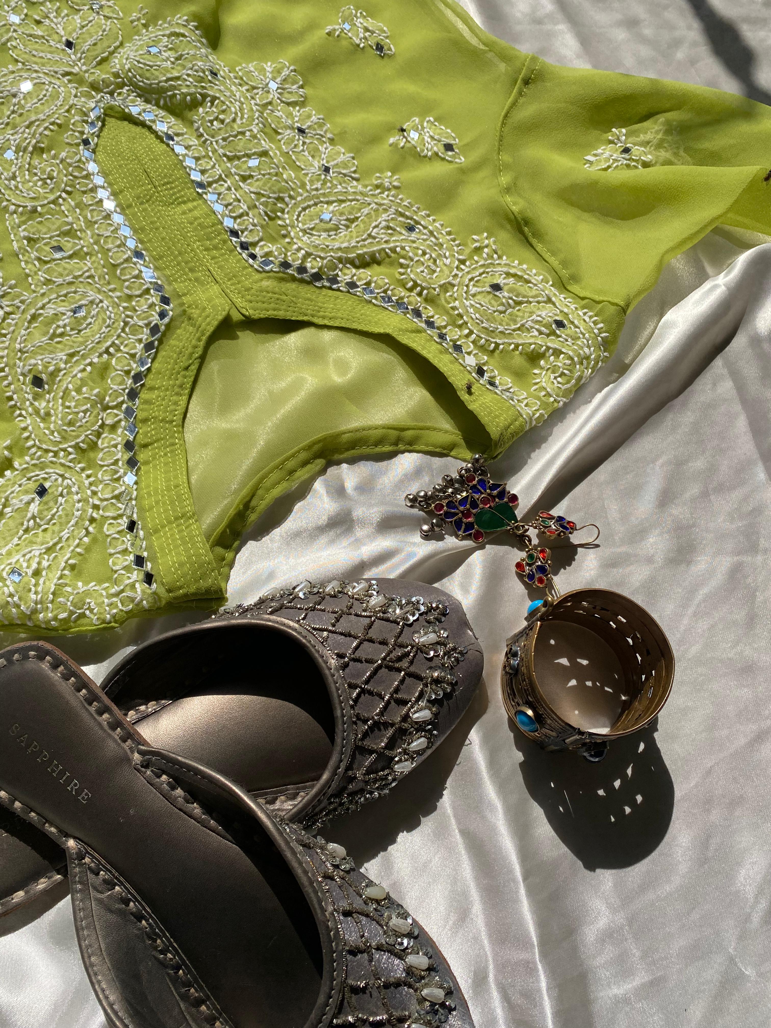 Lucknowi Chikankari Shirt with Gala Booty & Mirror Work (Parrotgreen With Inner)