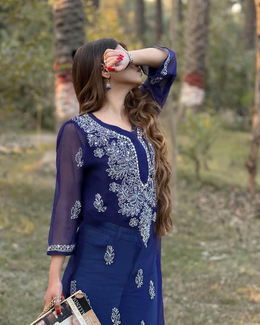 Lucknowi Chikankari Shirt with Gala Booty & Mirror Work (Navy Blue With Inner)
