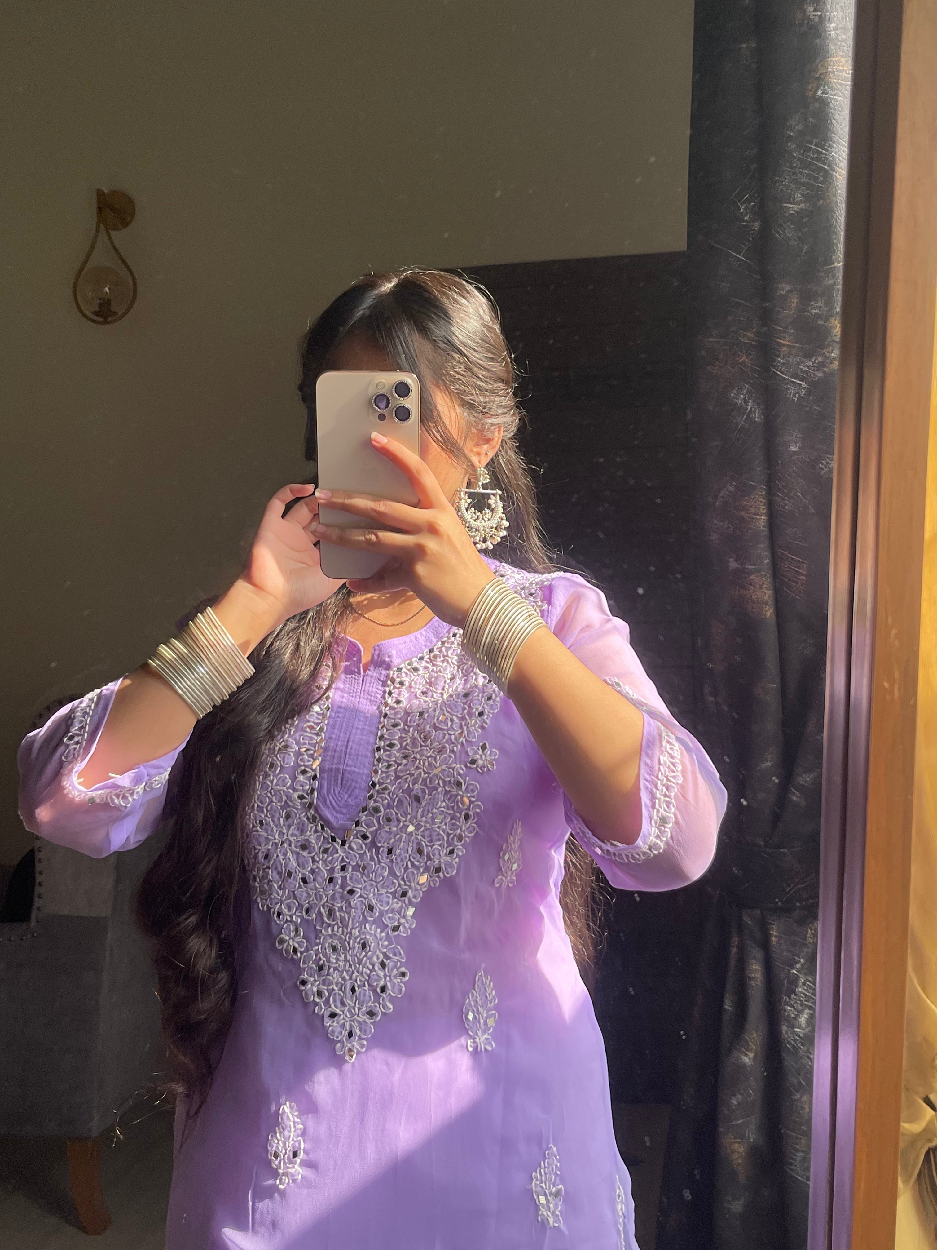 Lucknowi Chikankari Shirt with Gala Booty & Mirror Work (Lavender With Inner)