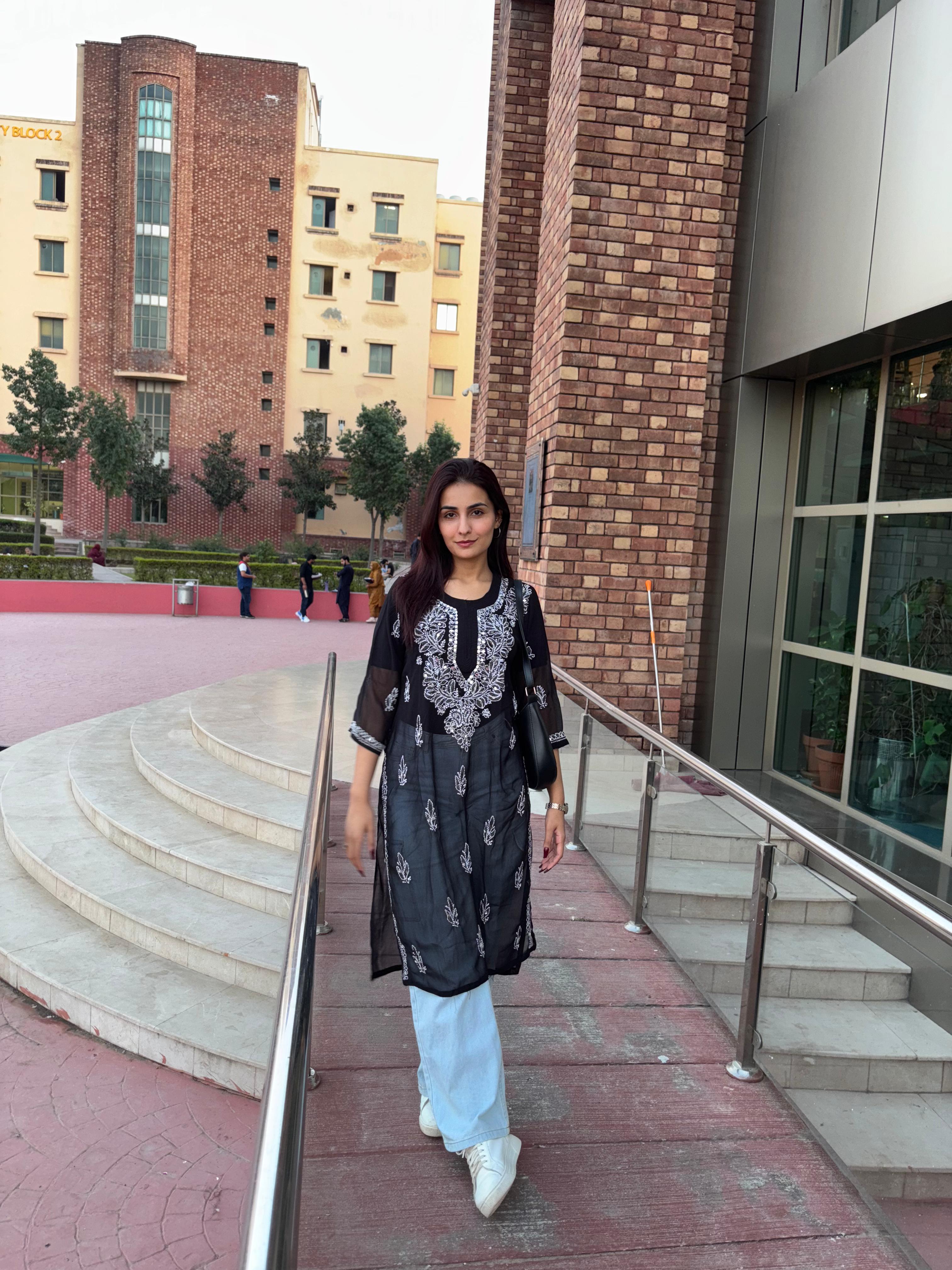 Lucknowi Chikankari Shirt with Gala Booty & Mirror Work (Black With Inner)