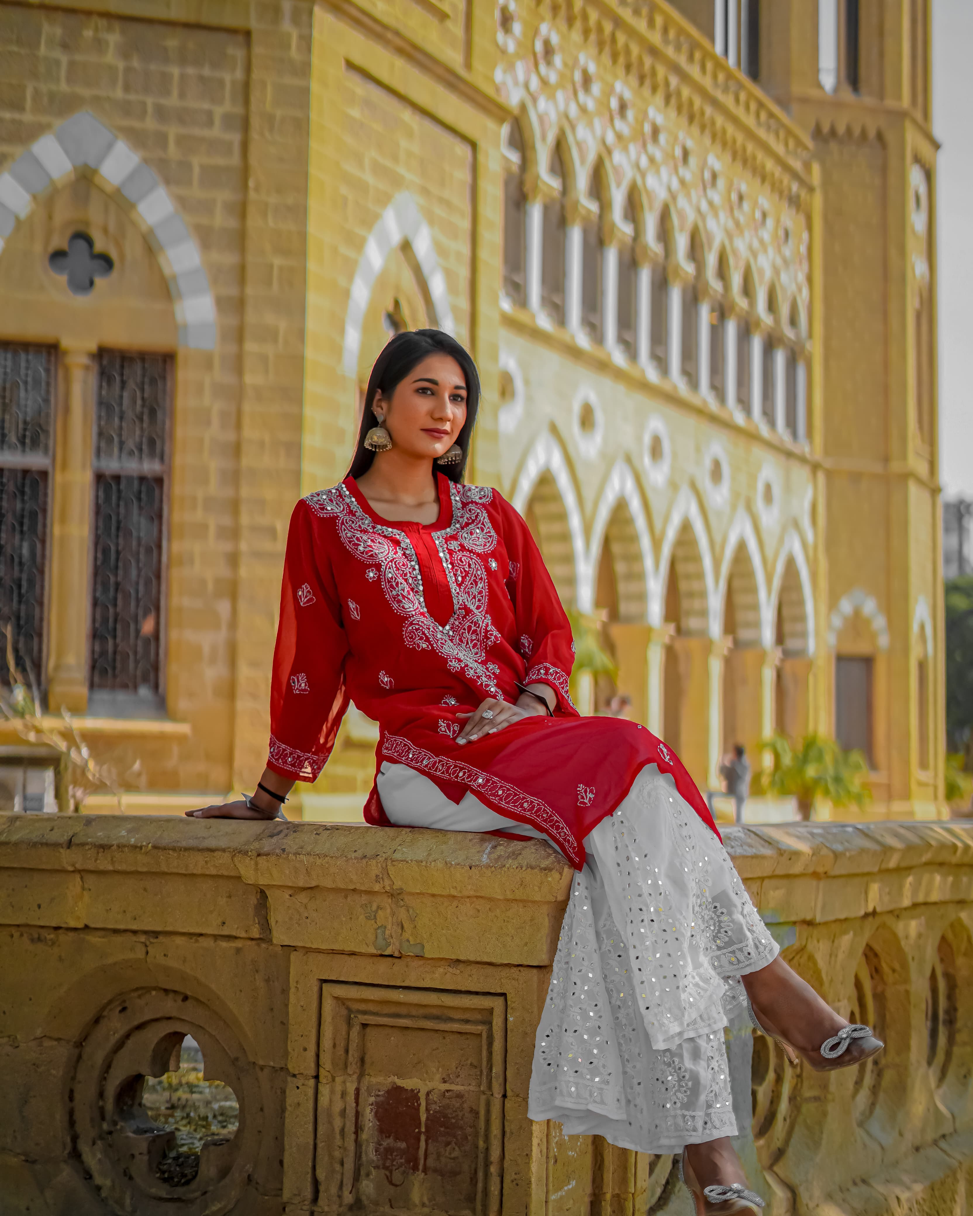 Lucknowi Chikankari Shirt with Gala Booty & Mirror Work (Red With Inner)