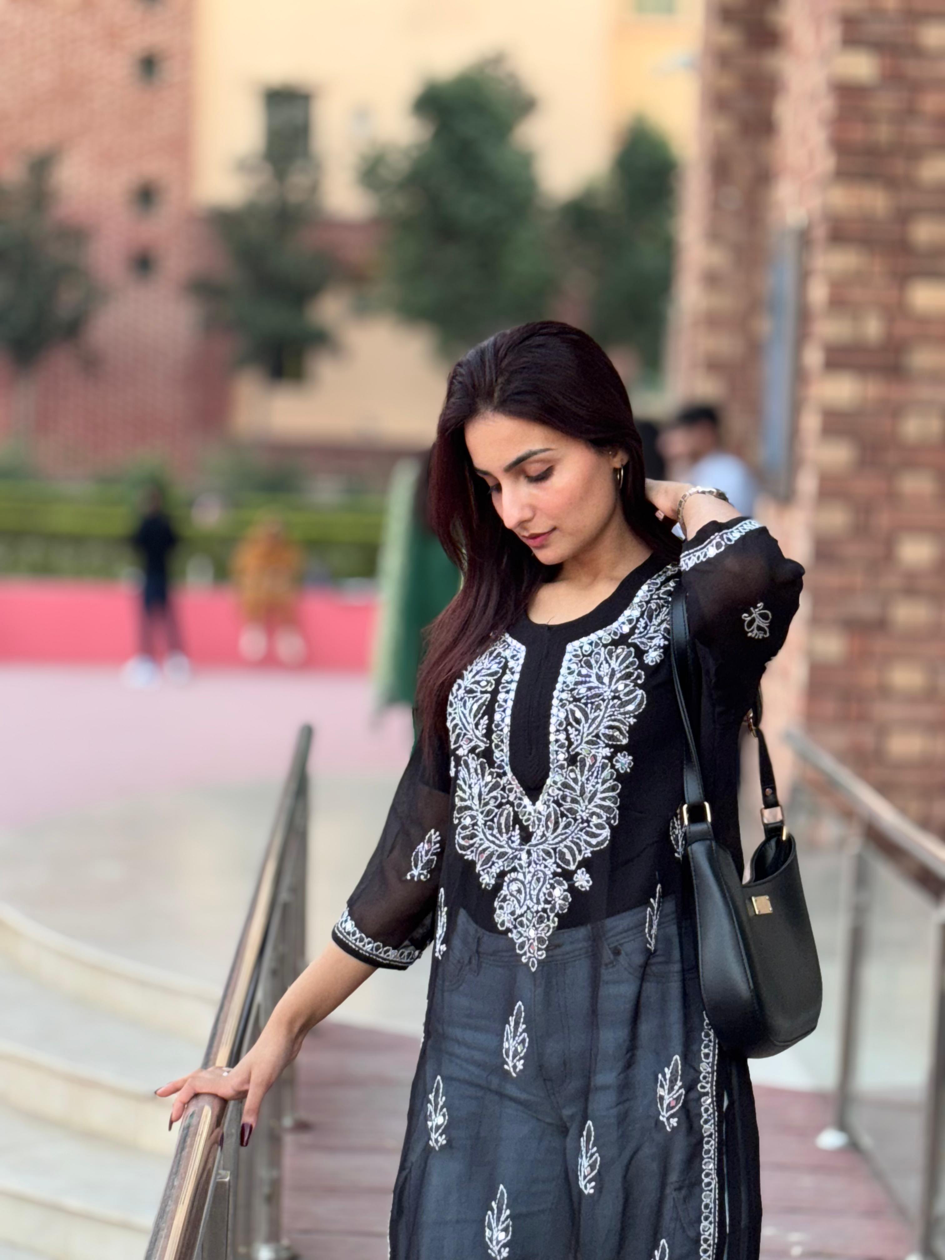 Lucknowi Chikankari Shirt with Gala Booty & Mirror Work (Black With Inner)