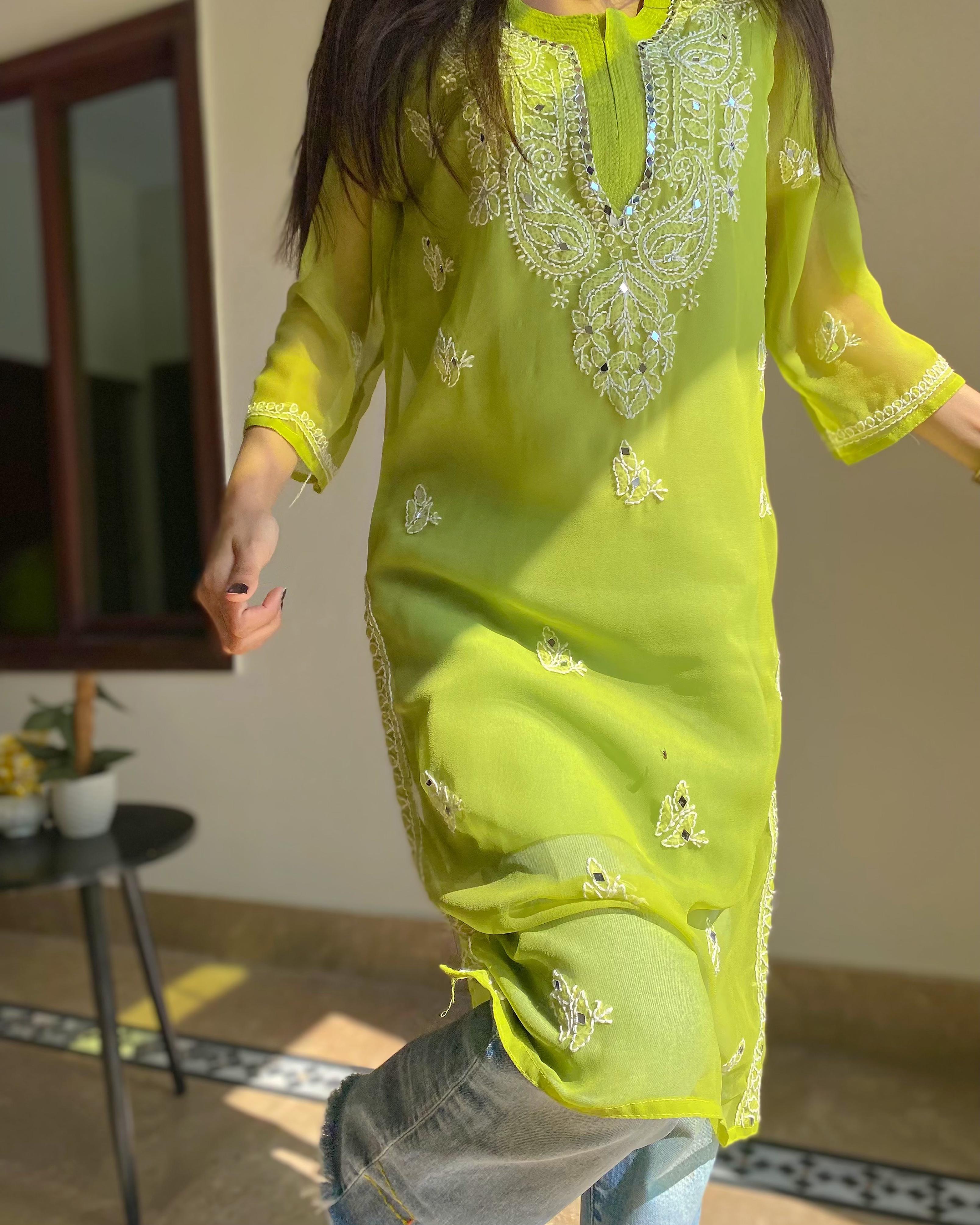 Lucknowi Chikankari Shirt with Gala Booty & Mirror Work (Parrotgreen With Inner)