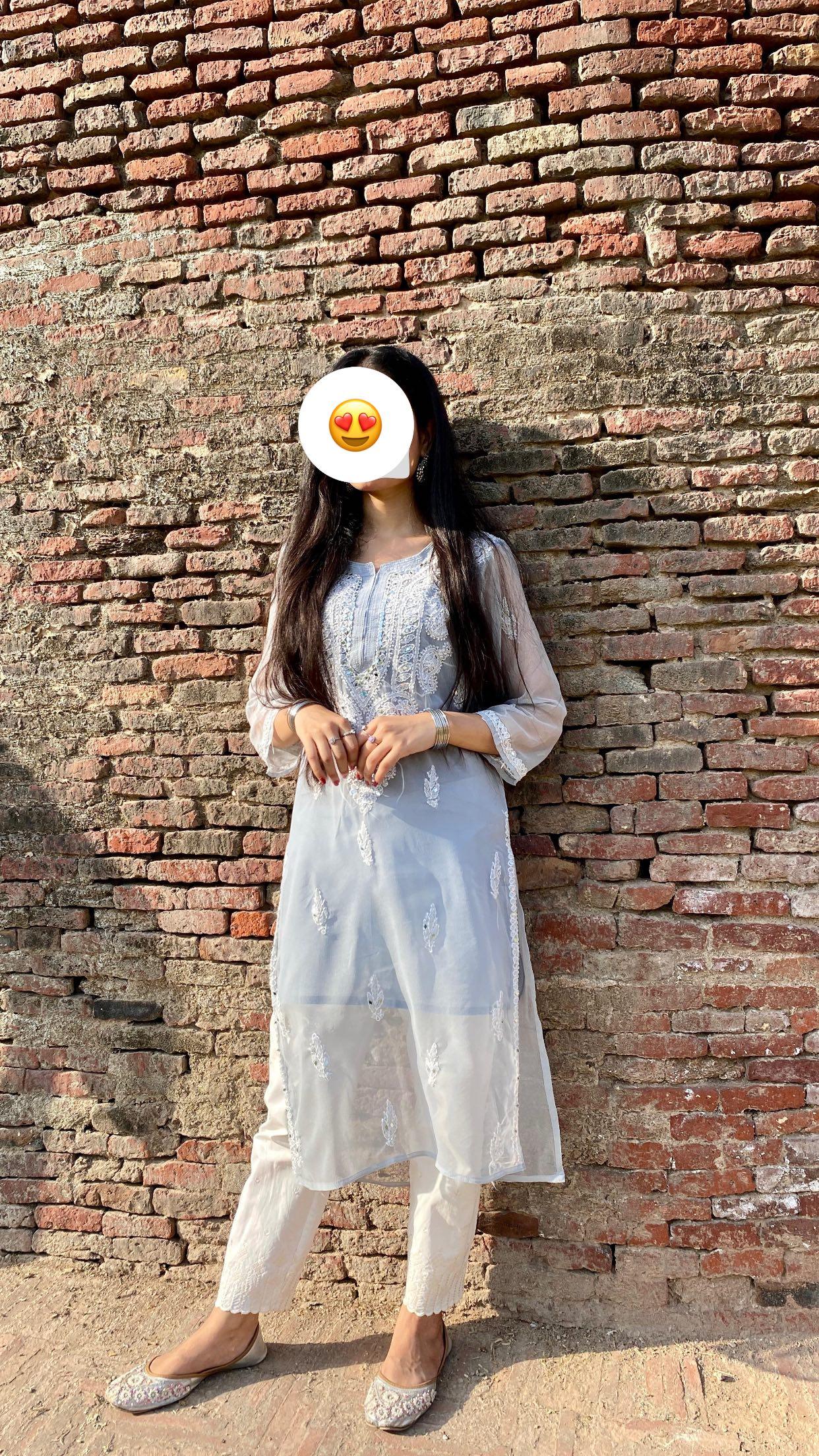 Lucknowi Chikankari Shirt with Gala Booty & Mirror Work (Grey With Inner)