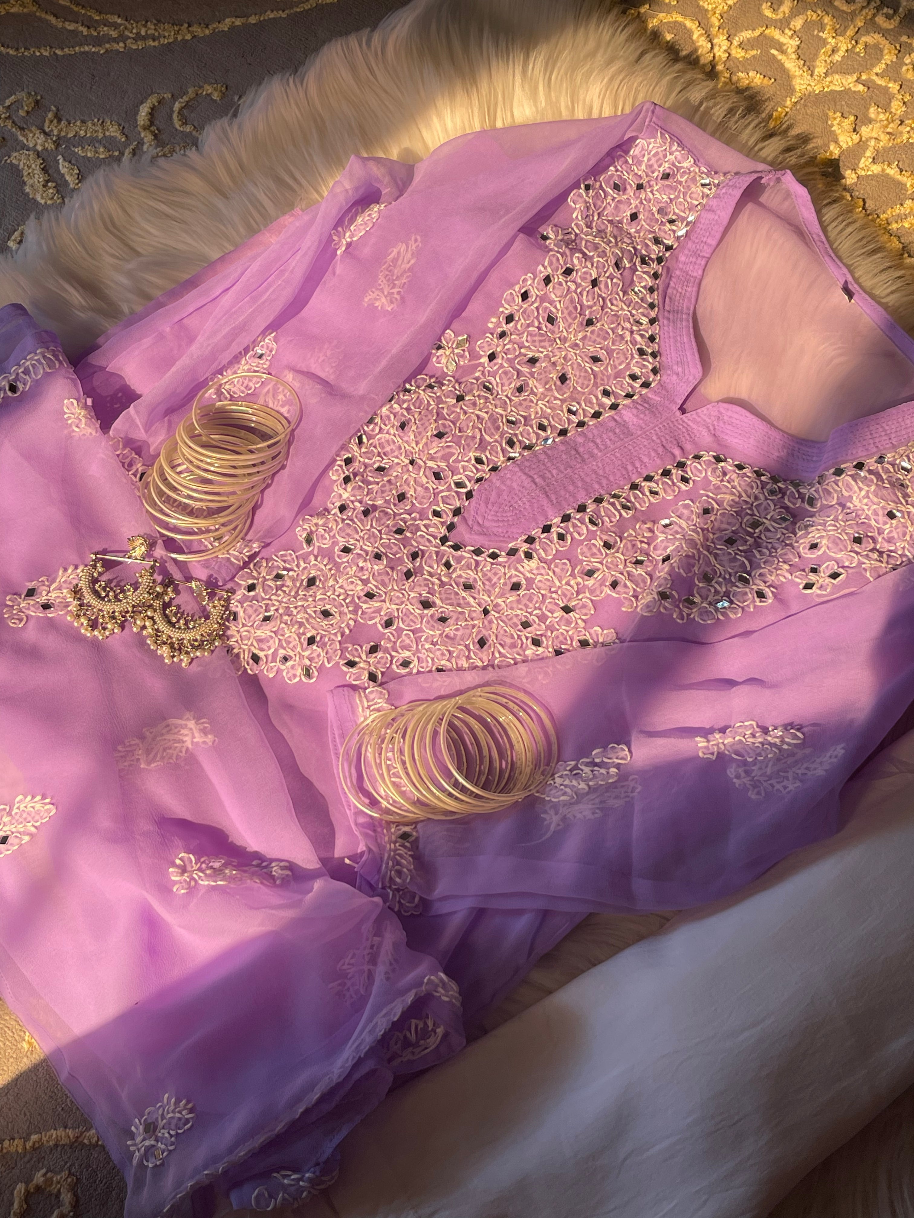Lucknowi Chikankari Shirt with Gala Booty & Mirror Work (Lavender With Inner)