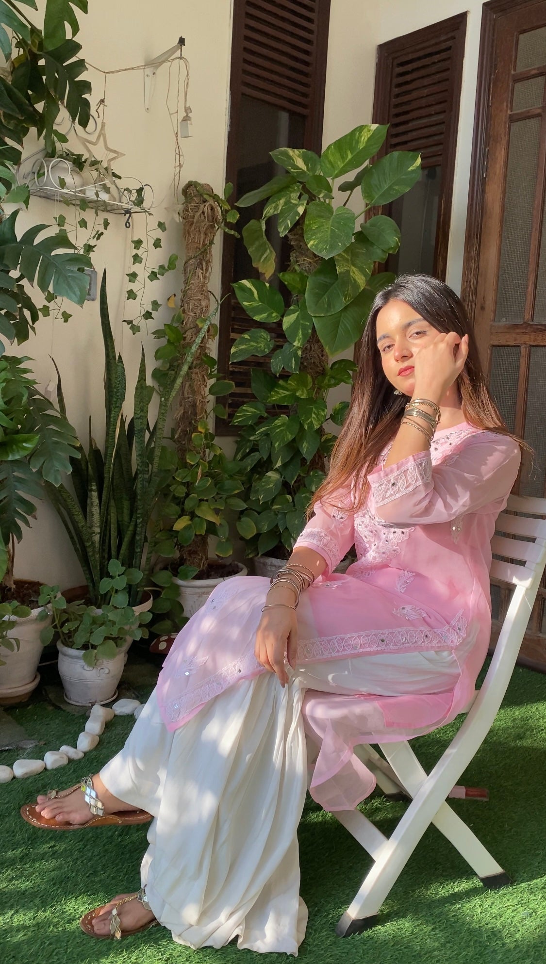 Lucknowi Chikankari Shirt with Gala Booty & Mirror Work (Pink With Inner)
