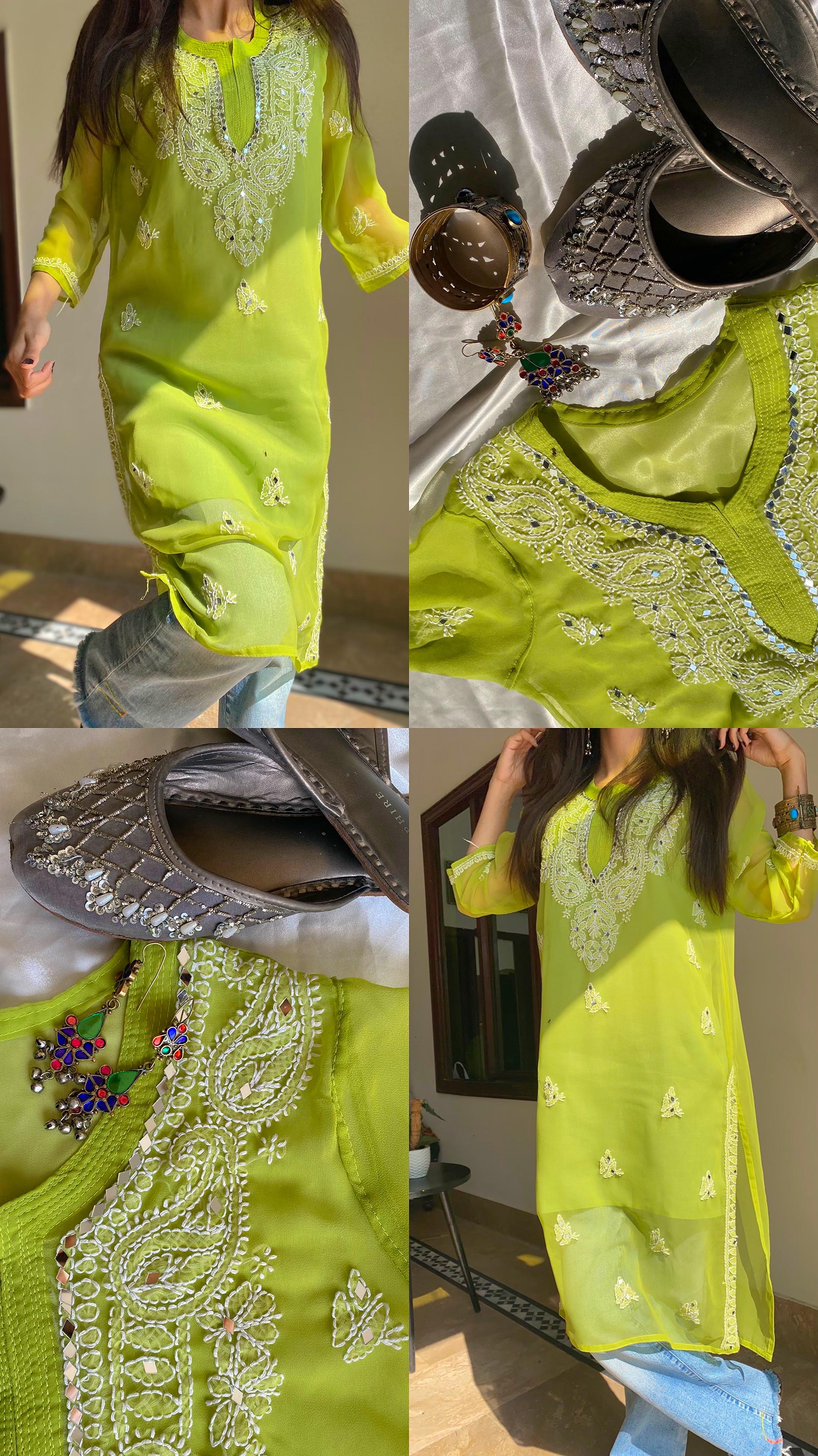 Lucknowi Chikankari Shirt with Gala Booty & Mirror Work (Parrotgreen With Inner)